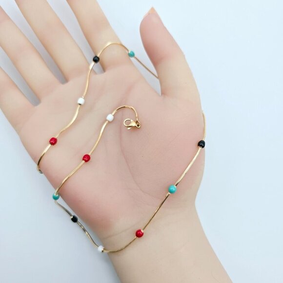 "Elegant Rose Gold Necklace with Multicolor Beads, XPNL0116 - Picture 12 of 12